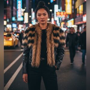 Wenxi Black Moto Jacket w/ Tan Faux Fur Trim Sz M